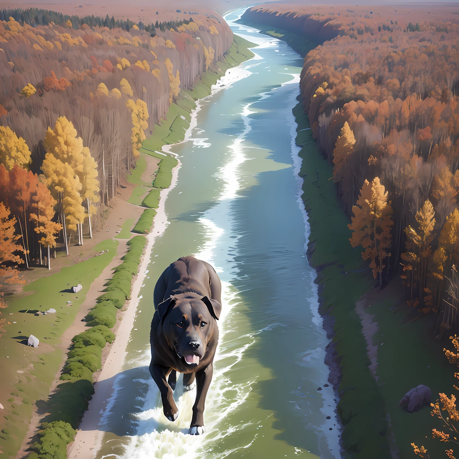 Labrador breed, running in an open pasture, some trees, a river passes in the middle of the terrain. --auto --s2