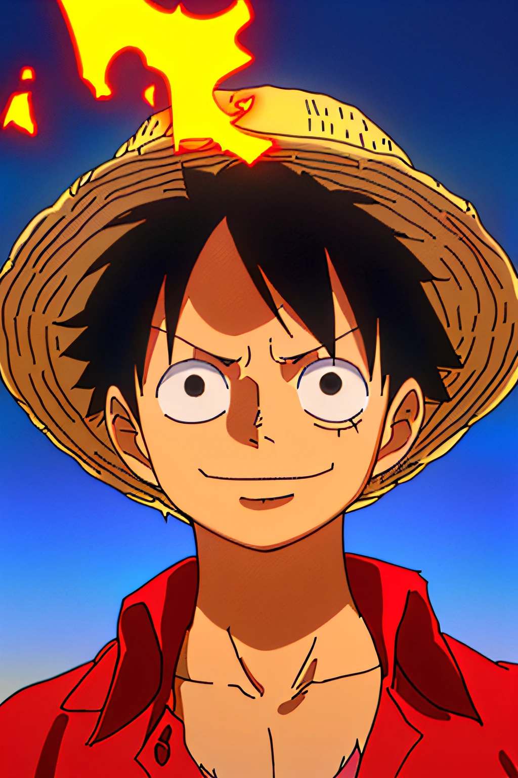 1boy, wanostyle, monkey d luffy, smiling, straw hat, looking at viewer, solo, upper body, ((masterpiece)), (best quality), (extremely detailed), depth of field, sketch, dark intensive shadows , sharp focus quality, soft lighting, HDR, colorful, good composition, fire all around, spectacular, closed shirt, anime screenshot, scar under the eyes, ready to fight, black eyes, seaside in the background
