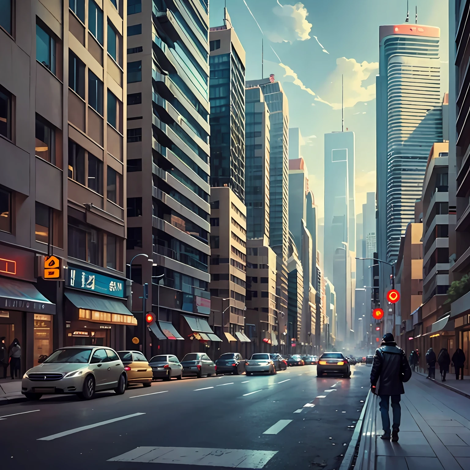 He draws the cover of a book with a semi-futuristic avenue in a city with tall buildings, with circular fans, cars on the streets and people on the sidewalks, with a modern and somewhat polluted environment. --auto --s2