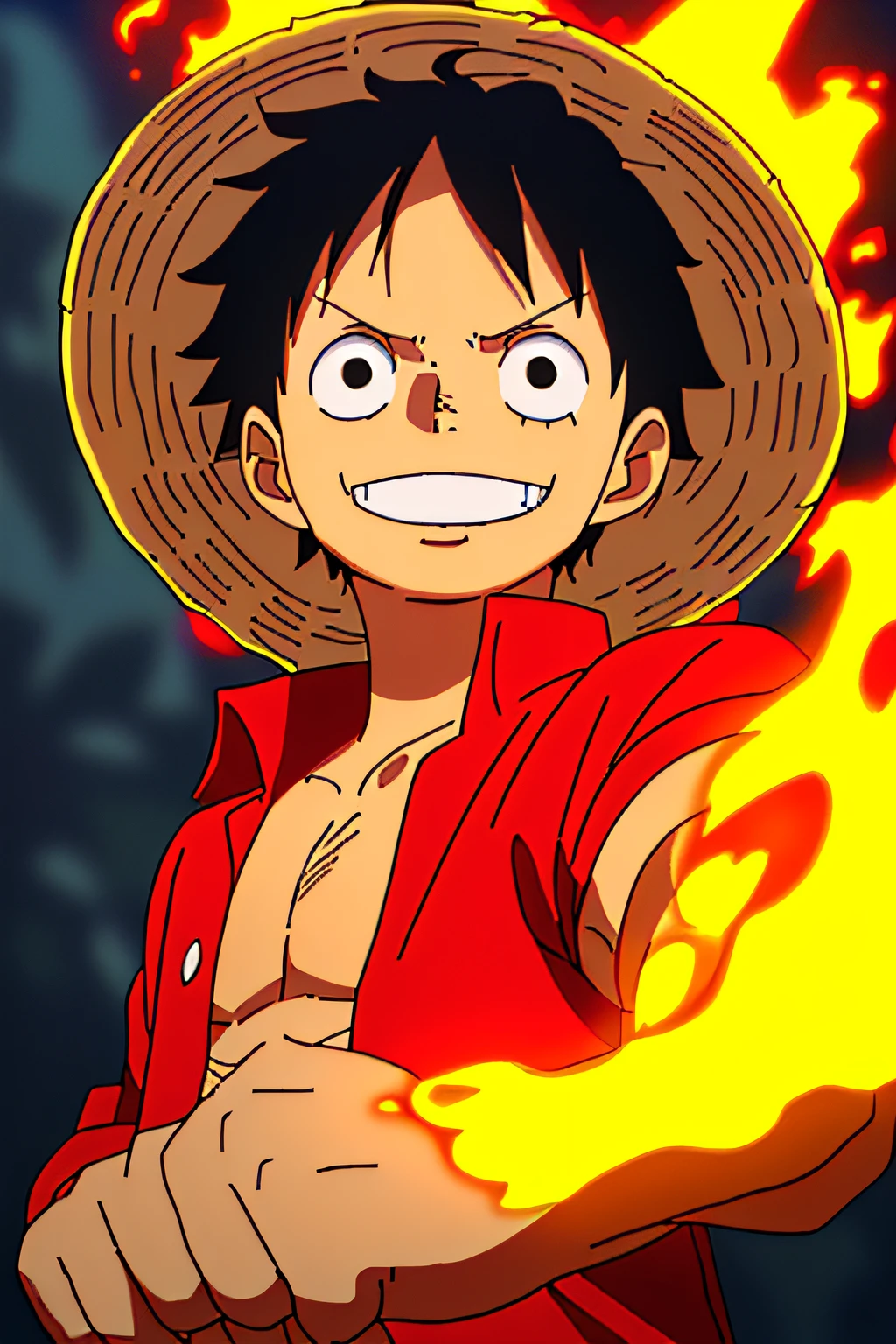 1boy, wanostyle, monkey d luffy, smiling, straw hat, looking at viewer, solo, upper body, ((masterpiece)), (best quality), (extremely detailed), depth of field, sketch, dark intensive shadows , sharp focus quality, soft lighting, HDR, colorful, good composition, fire all around, spectacular, closed shirt, anime screenshot, scar under the eyes, ready to fight, black eyes, seaside in the background