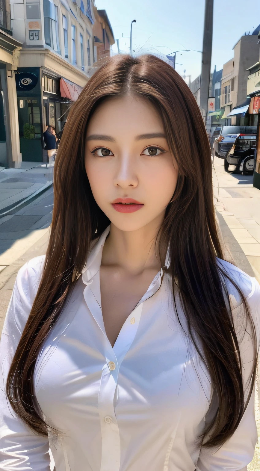 ((Best quality, 8k, Masterpiece :1.3)), Sharp focus :1.2, A pretty woman with perfect figure :1.4, Slender abs :1.2, ((Dark brown hair, Big breasts :1.2)), (White button up long shirt :1.1), City street:1.2, Highly detailed face and skin texture, Detailed eyes, Double eyelid
