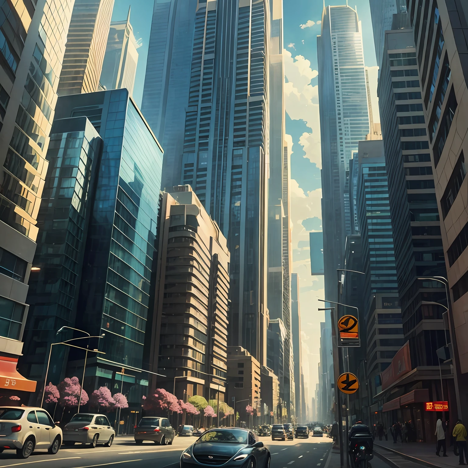 He draws the cover of a book with a semi-futuristic avenue in a city with tall buildings, with circular fans, cars on the streets and people on the sidewalks, with a modern and somewhat polluted environment. --auto --s2