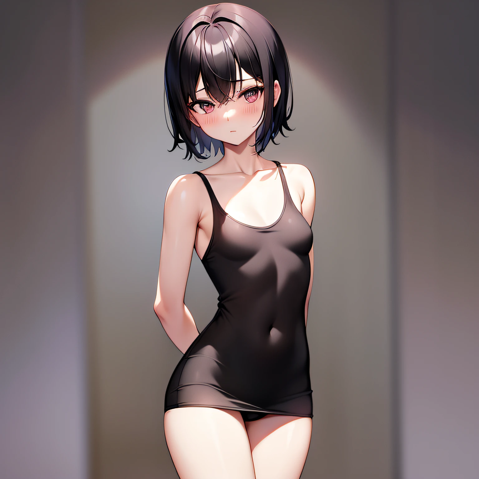 high quality, masterpiece, girl, girl, slender body, small, black t-shirt, sheer clothes, accentuated breasts, legs open, naked, no panty, no bottom, {nipple}, black hair, pink inner color hair, blush, short hair
