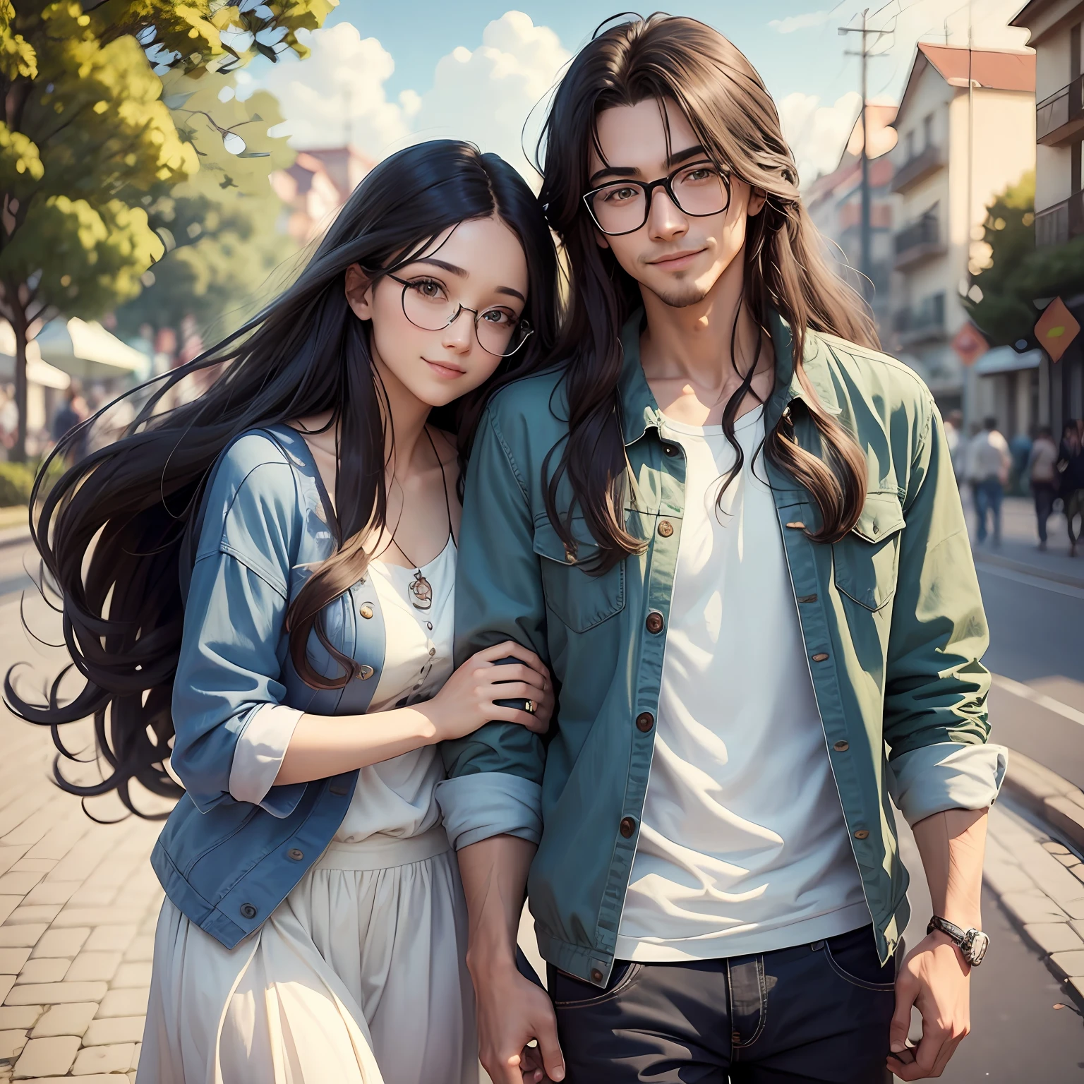 masterpiece, anime, cute, romantic, best quality, 2others, couple, mature, adult, height difference, different fashion, different color, casual clothes, long sleeves, smile, happy, love, swirling wind, blue sky, man with long hair, man with light brown hair, woman with black hair, woman with long hair, woman with glasses, brazilians --auto --s2