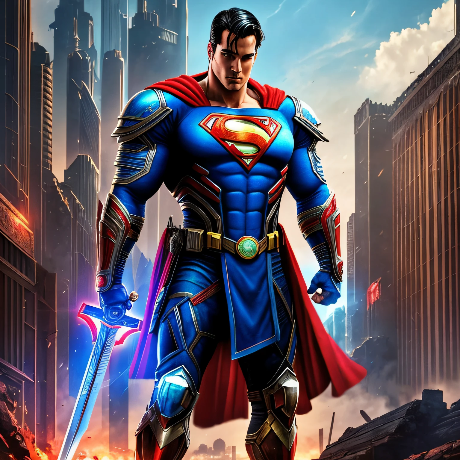 Color photo of a "realistic cyberpunk superman", with muscular build and realistic armor, holding sword and shield, standing in a large medieval landscape, with the colors blue and red incorporated into his design, creating an homage to the classic character of the while giving it a medieval touch —c 10 —ar 2:3 --auto --s2