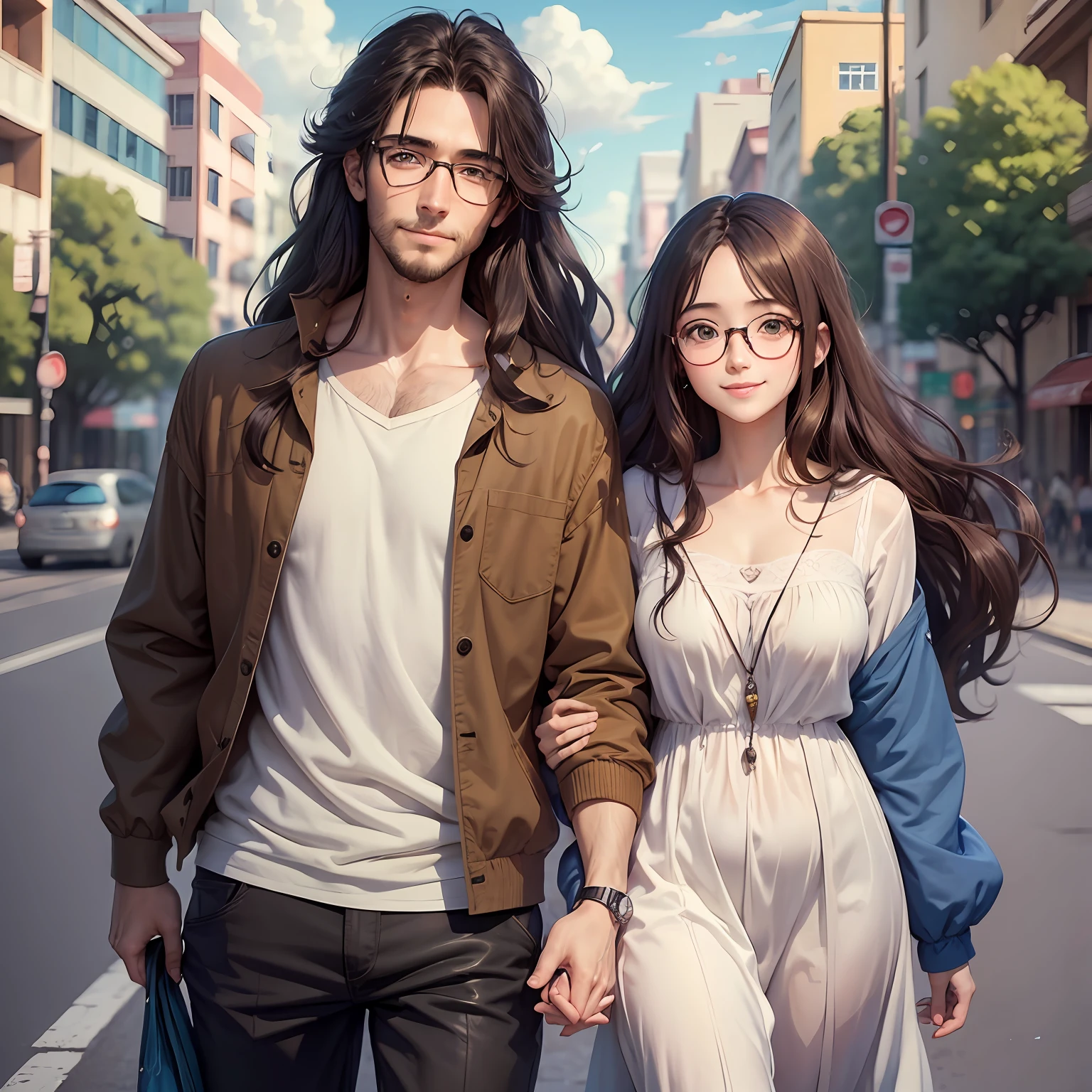 masterpiece, anime, cute, romantic, best quality, 2others, couple, mature, adult, height difference, different fashion, different color, casual clothes, long sleeves, smile, happy, love, swirling wind, blue sky, long haired man, light brown haired man, black haired woman, long haired woman, bespectacled woman, brazil --auto --s2