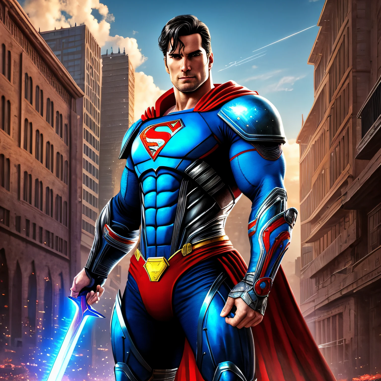 Color photo of a "realistic cyberpunk superman", with muscular build and realistic armor, holding sword and shield, standing in a large medieval landscape, with the colors blue and red incorporated into his design, creating an homage to the classic character of the while giving it a medieval touch —c 10 —ar 2:3 --auto --s2