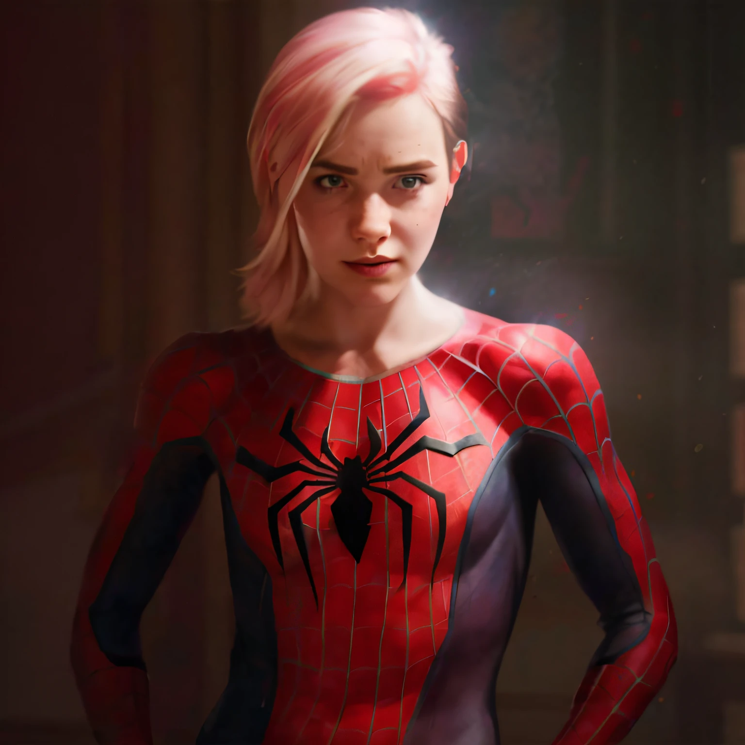 spider - man with pink hair and a black suit standing in a dark room, betty cooper, gwen stacy, emma watson as spiderman, spider-gwen, spider - gwen, spider gwen, photorealistic fan art, anya_taylor-joy, anya taylor joy, ( ( spiderwoman ) ), alena aenami and artgerm, marvel concept art, fan art