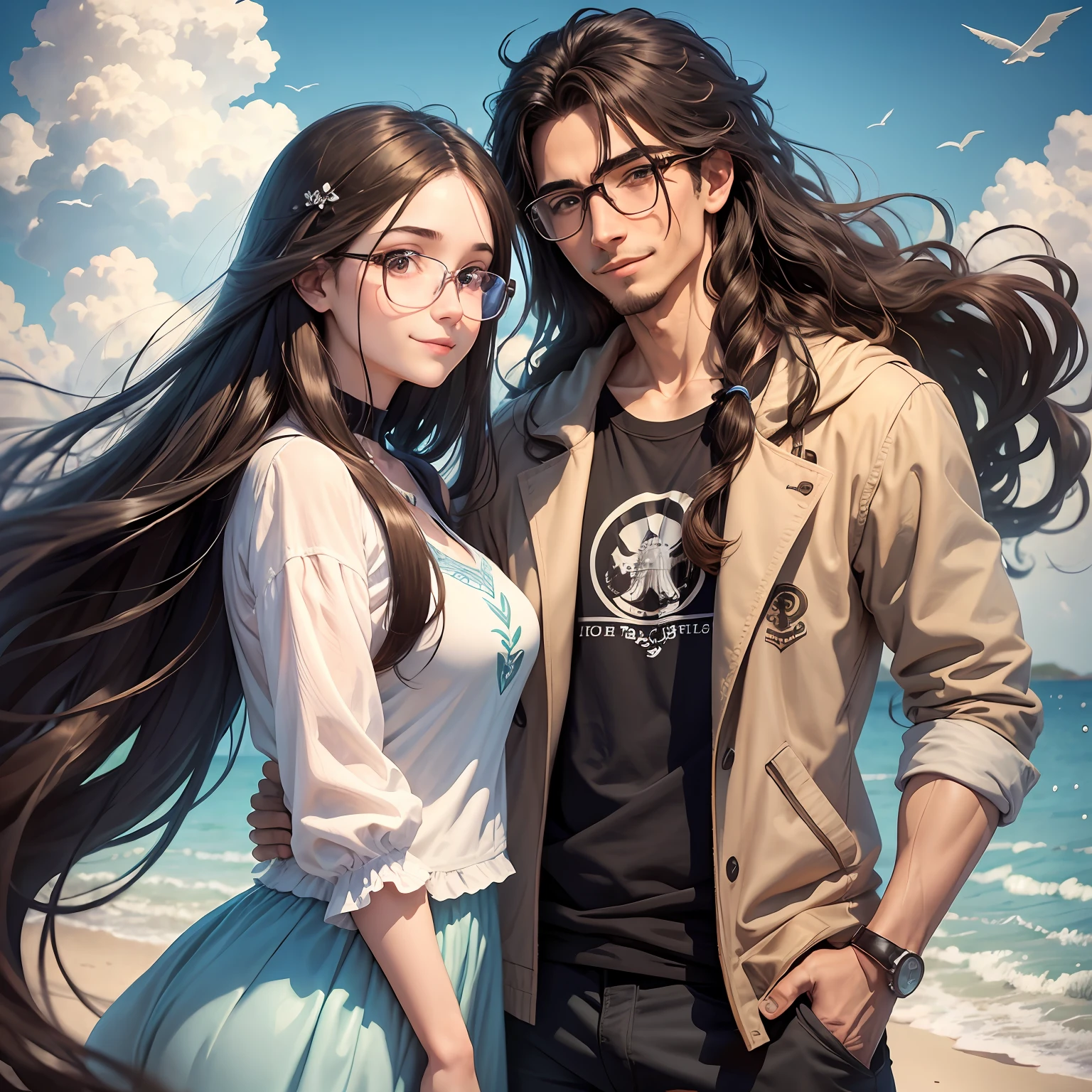masterpiece, anime, cute, romantic, best quality, 2others, couple, mature, adult, height difference, different fashion, different color, casual clothes, long sleeves, smile, happy, love, swirling wind, blue sky, man with long hair, man with light brown hair, woman with black hair, woman with long hair, woman with glasses, brazilians --auto --s2