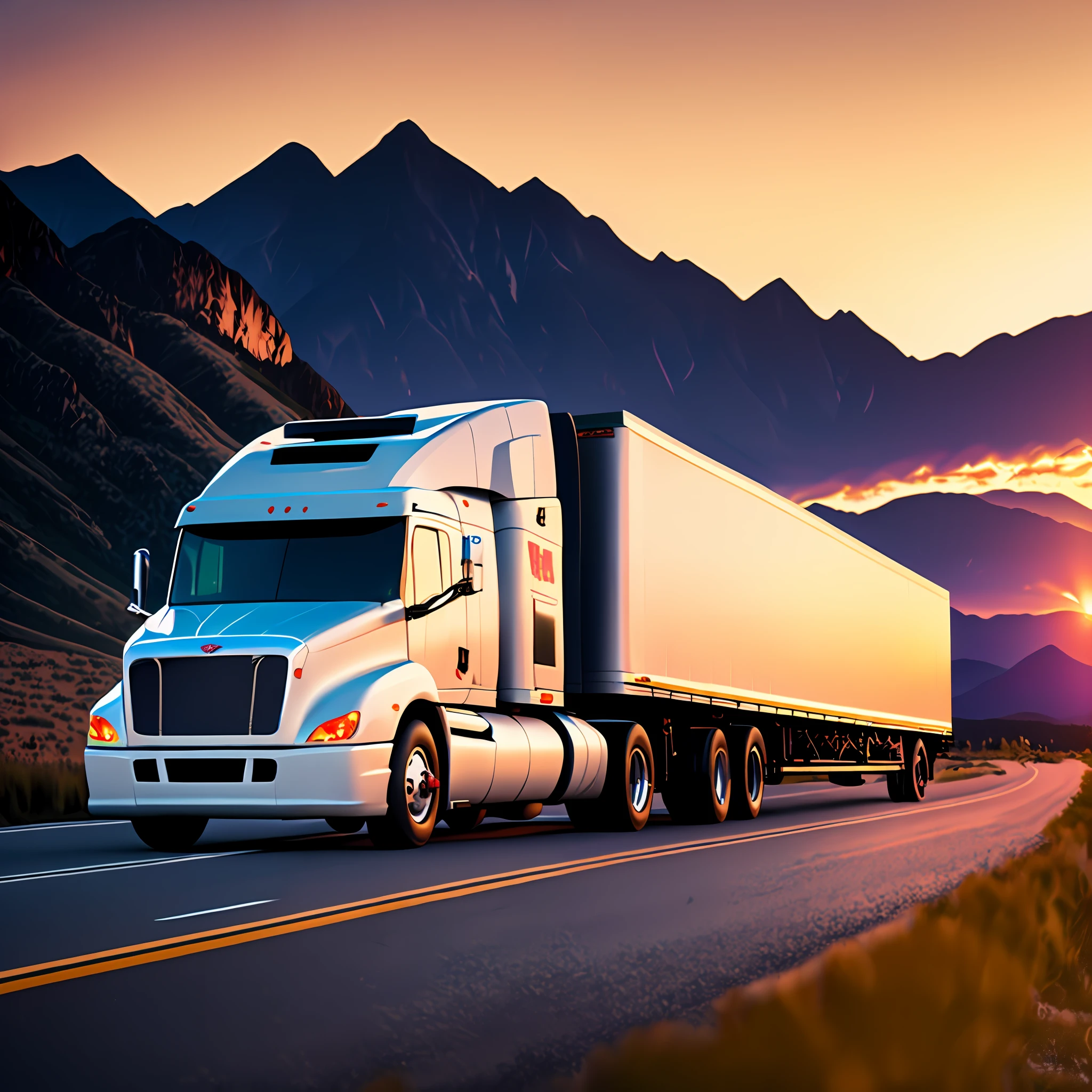 araf truck driving down a highway at sunset with mountains in the background, truck, photo render, photo still, shutterstock, by Jeffrey Smith, photo shot, by Brad Holland, by Kurt Roesch, by Dan Luvisi, by Niko Henrichon, portrait shot, trucks, by Dan Christensen, automotive, a super-smart, by James Warhola