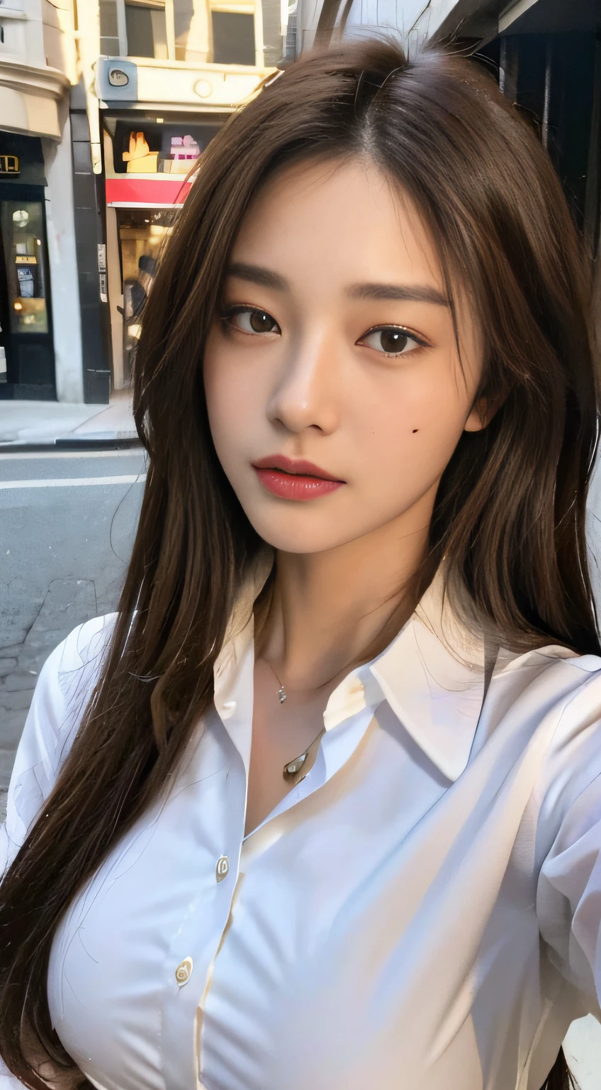 ((Best quality, 8k, Masterpiece :1.3)), Sharp focus :1.2, A pretty woman with perfect figure :1.4, Slender abs :1.2, ((Dark brown hair, Big breasts :1.2)), (White button up long shirt :1.1), City street:1.2, Highly detailed face and skin texture, Detailed eyes, Double eyelid