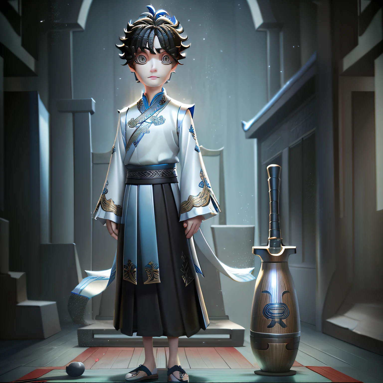 Masterpiece, high quality, young boy, black long skirt, light blue top, holding shakuhachi, chinese, facing forward, looking at camera, full body, center of screen