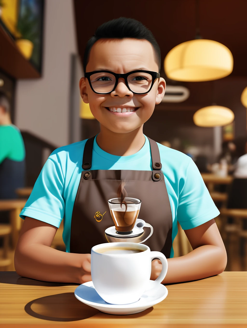 guttonerdvision3, In this illustration, focus on capturing the realistic details and vibrant colors that are characteristic of Alex Ross' art style. Portray the boy accurately, paying attention to the facial features, clothes, and glasses he is wearing. Emphasize the texture and brightness of the coffee mug, giving it a realistic look.

Surround the boy with a variety of coffee accessories such as coffee beans, grinders, prep equipment, and decorative mugs. Place framed artwork and posters on the walls to add visual interest to the café environment. Incorporate plants and foliage to create a warm and inviting atmosphere.

Use lighting techniques to create depth and realism in the illustration. Illuminate the scene with soft lighting emanating from the café's lamps, casting shadows and soft highlights. Pay attention to the reflections and highlights on the surfaces of the coffee accessories, adding a touch of realism and dimension.

The end result should be a detailed and captivating illustration that shows the boy's pleasure with his coffee in the café environment. Stay true to Alex Ross' style, emphasizing realistic details, vibrant colors, and the overall atmosphere of the café. Background blur. Chibi style.