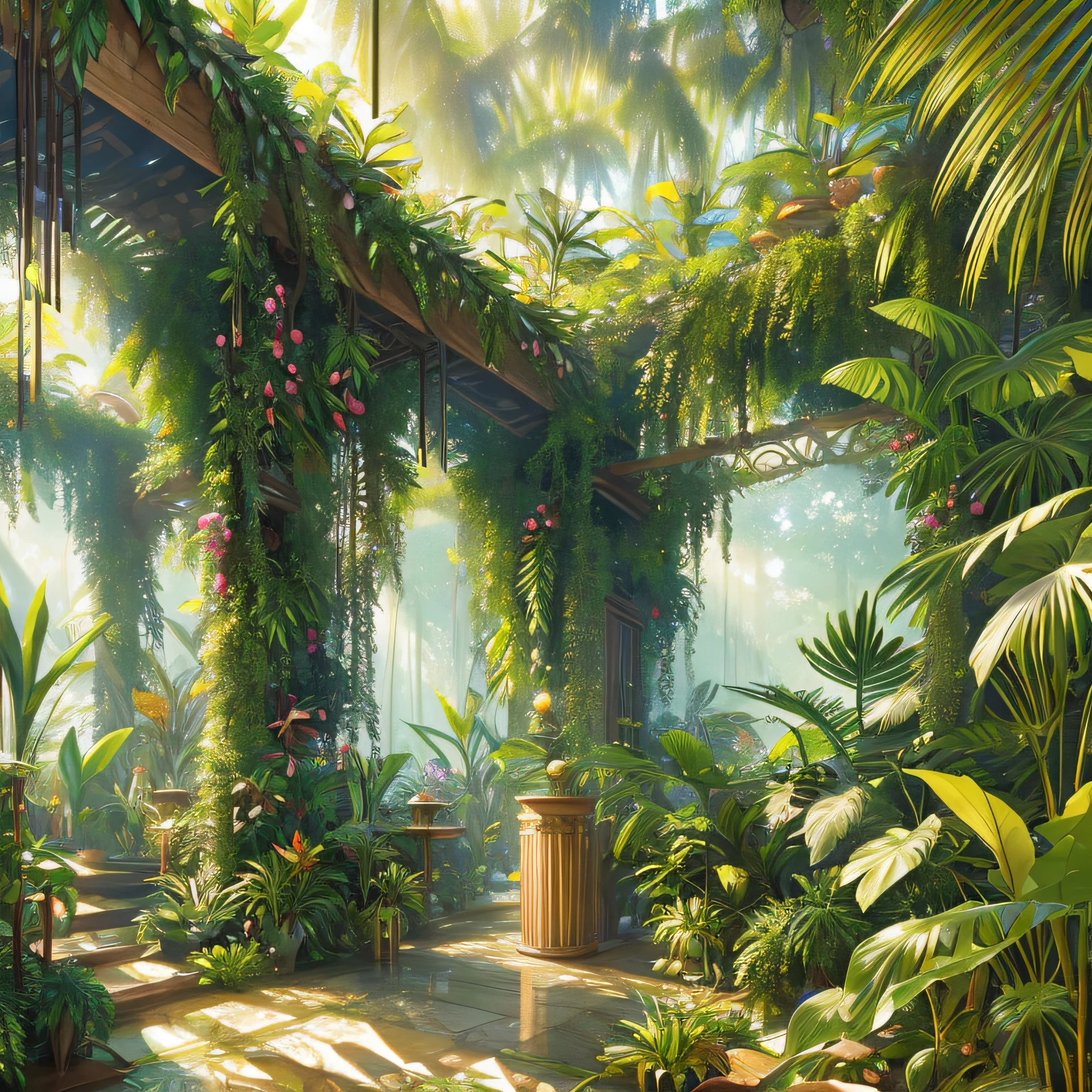 Detailed and intricate realistic scenes of dense jungles full of exotic plants and animals, sunlight filtering through the canopy to create a dappled effect. Style, masterpieces, proportions, details, art station trends, beautiful lighting, realistic, intricate, award-winning, 4k, highest quality --auto --s2