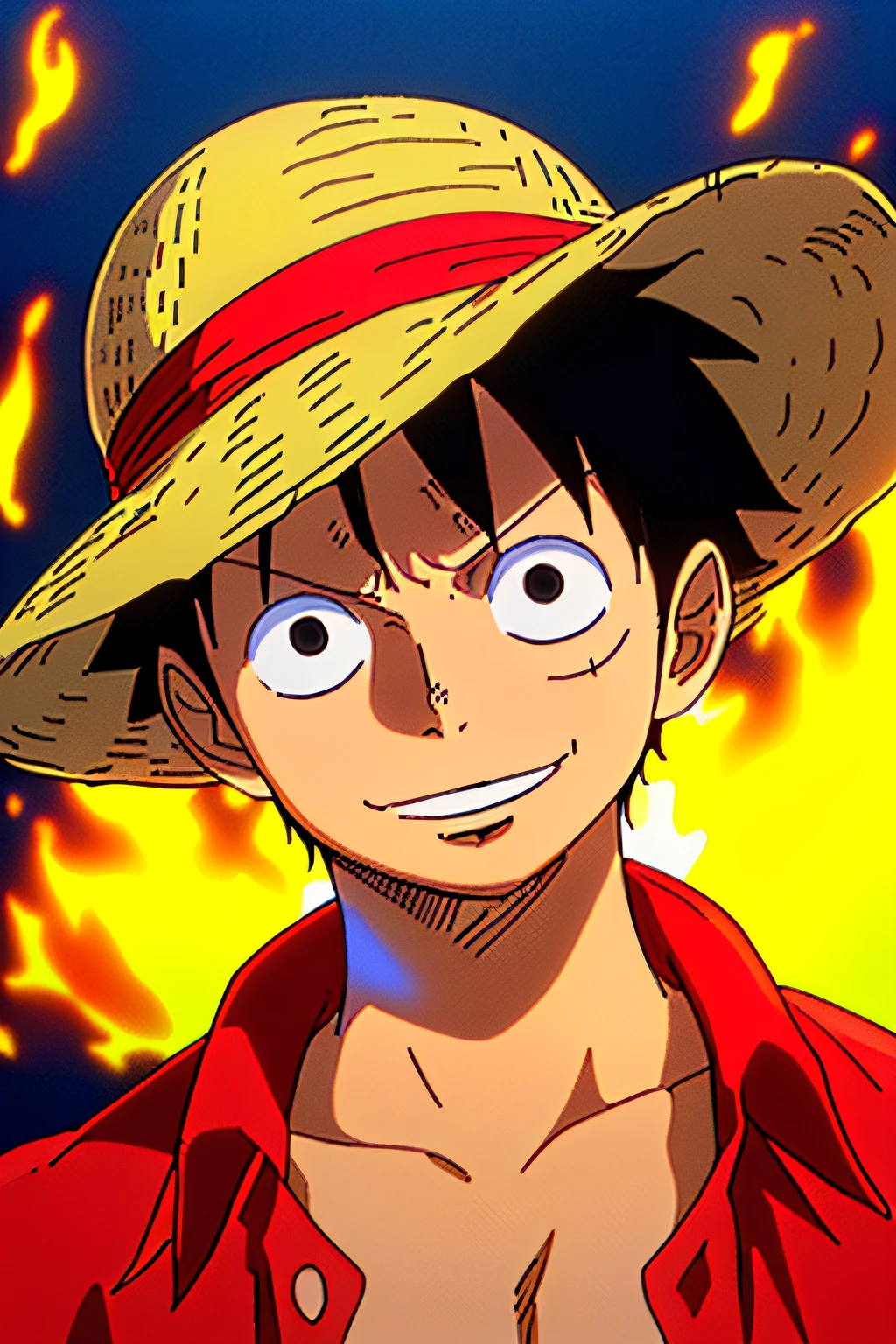 1boy, wanostyle, monkey d luffy, smiling, straw hat, looking at viewer, solo, upper body, ((masterpiece)), (best quality), (extremely detailed), depth of field, sketch, dark intensive shadows , sharp focus quality, soft lighting, HDR, colorful, good composition, fire all around, spectacular, closed shirt, anime screenshot, scar under the eyes, ready to fight, black eyes, seaside in the background