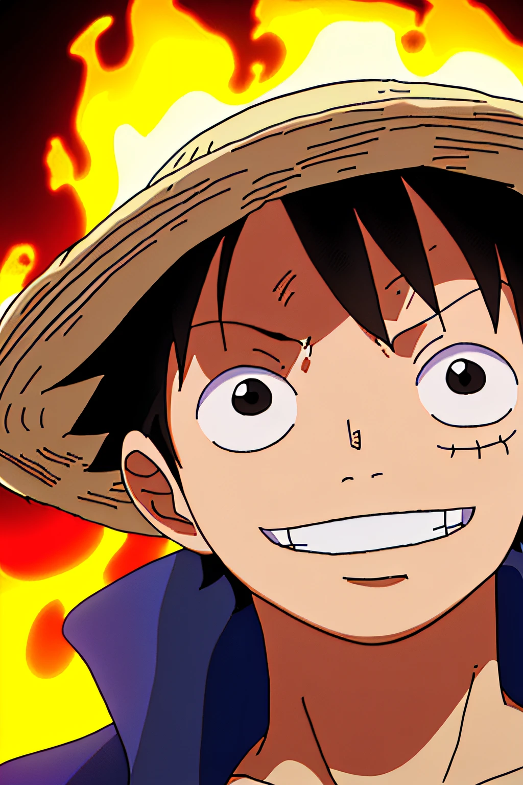 1boy, wanostyle, monkey d luffy, smiling, straw hat, looking at viewer, solo, upper body, ((masterpiece)), (best quality), (extremely detailed), depth of field, sketch, dark intensive shadows , sharp focus quality, soft lighting, HDR, colorful, good composition, fire all around, spectacular, closed shirt, anime screenshot, scar under the eyes, ready to fight, black eyes, seaside in the background