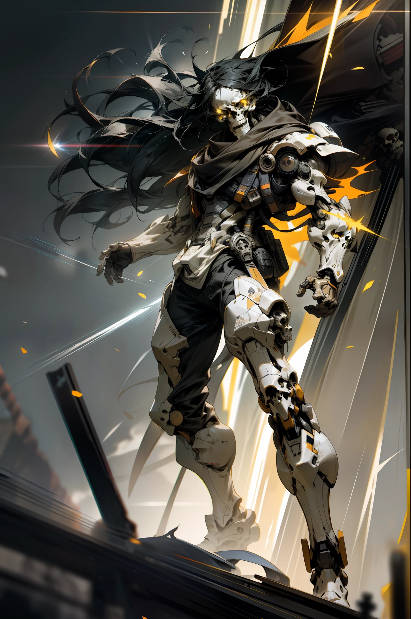 attack by attack on Titan, yellow eyes light rays, spark, long straight Black hair, skull thin, Lack of skin or flesh in some area, Full body, full figure, great strong anatomy, cinematic style, hyper real octane render