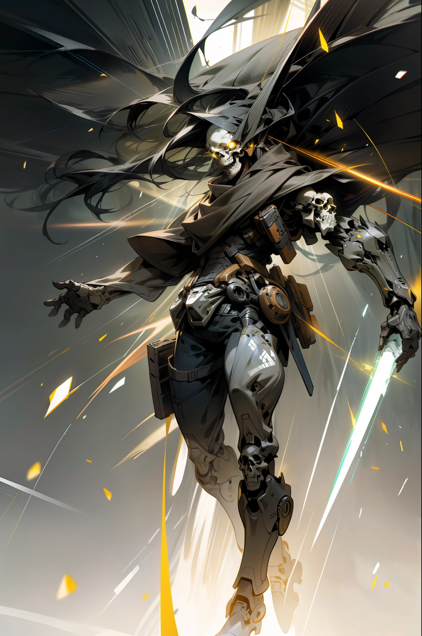 attack by attack on Titan, yellow eyes light rays, spark, long straight Black hair, skull thin, Lack of skin or flesh in some area, Full body, full figure, great strong anatomy, cinematic style, hyper real octane render