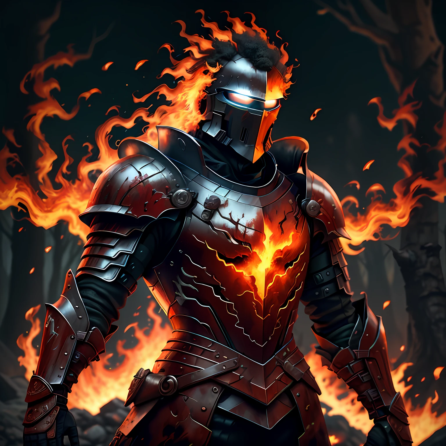 Man made of fire, 8k quality, cinematic focus, burnt tree background, vivid colors, life