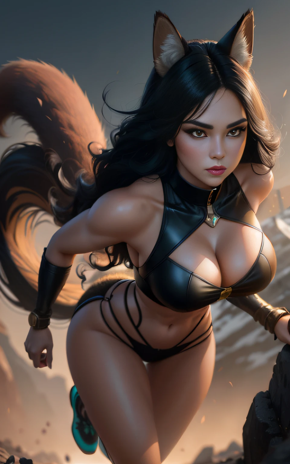 woman, human, mutant with large ears size XXL of fox and big squirrel tail, 8k, female werewolf, full body photo standing, yellow eyes, straight and long black hair 1, maximum quality + resolution + sharpness