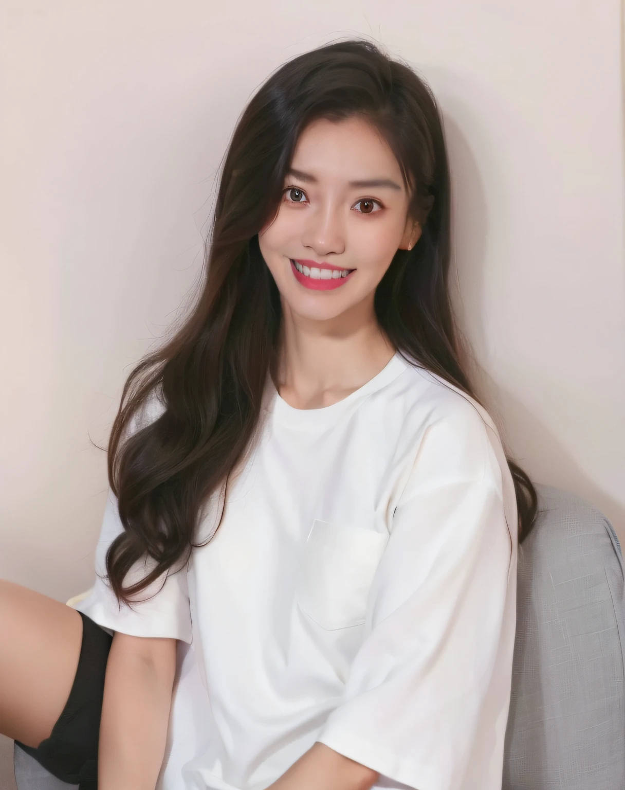 Young woman sitting on sofa wearing white shirt and black stockings, Cindy Avellino, Gemma Chen, 18 years old, Nguyen Jia beautiful! , dressed in white and with a slightly cute smile, Chen Lulu, Li Zixin, with a cute - delicate - face, she is about 20 years old, she is about 20 years old, taken with Canon EOA 6 D Mark II, HD photo portrait