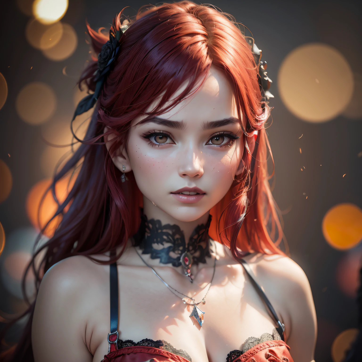 vampire, best quality, masterpiece, highres, 1girl,china dress,red hair, hair ornament,necklace, jewelry,Beautiful face,upon_body, tyndall effect,photorealistic, dark studio, rim lighting, two tone lighting,(high detailed skin:1.2), 8k uhd, dslr, soft lighting, high quality, volumetric lighting, candid, Photograph, high resolution, 4k, 8k, Bokeh --auto --s2