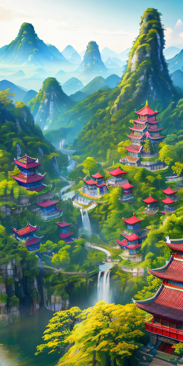 2. Mountain view with waterfall and pagoda in the middle, painted scene by Han Gan, winner of cg society competition, fantasy art, dreamy Chinese town, Chinese landscape, Chinese fantasy, made of trees and fantasy valley, ancient city view, order Impressive fantasy landscape, most epic landscape, pagoda on hill, mountainous jungle environment, avatar landscape, chinese village.