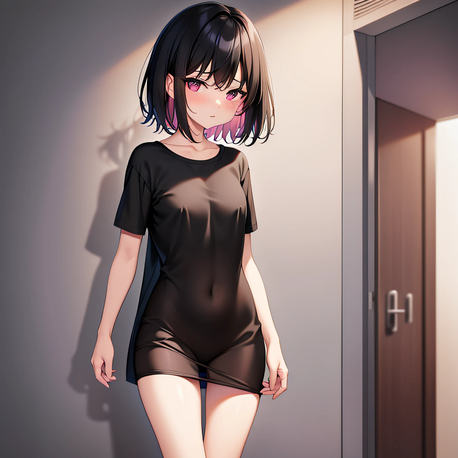 High quality, masterpiece, girl, girl, slender body, small, black t-shirt, roomy t-shirt, sheer clothes, emphasis on breasts, legs open, naked, no panty, no bottom, {nipple}, black hair, pink inner color hair, blush, short hair