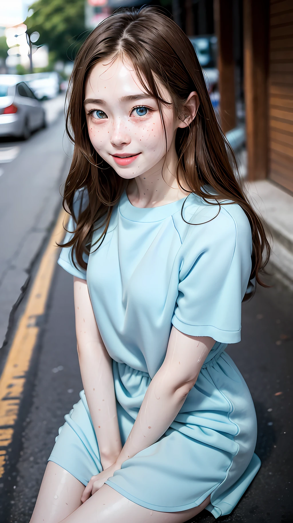RAW photo, dynamic angle, highly detailed, soft light, 1girl, ((sweaty):1.2), pale skin, korean, 14 years old, innocent, smile, long brown hair, blue eyes, freckles, head tilted, short dress, wide thighs, standing up, on street, sit, 8k, masterpiece