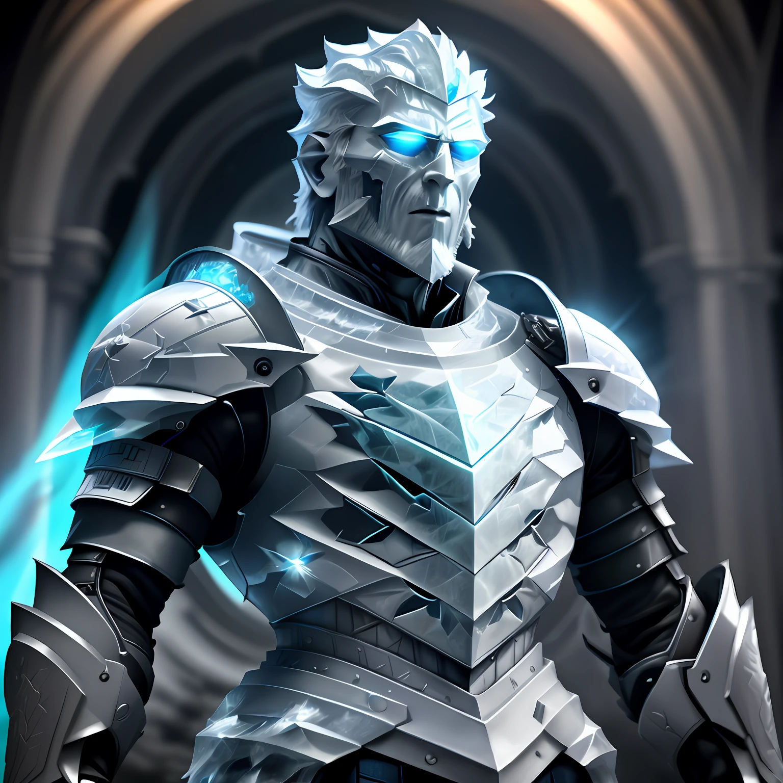 Man made of ice, 8k quality, cinematic focus, ice crystals background, cool colors, life