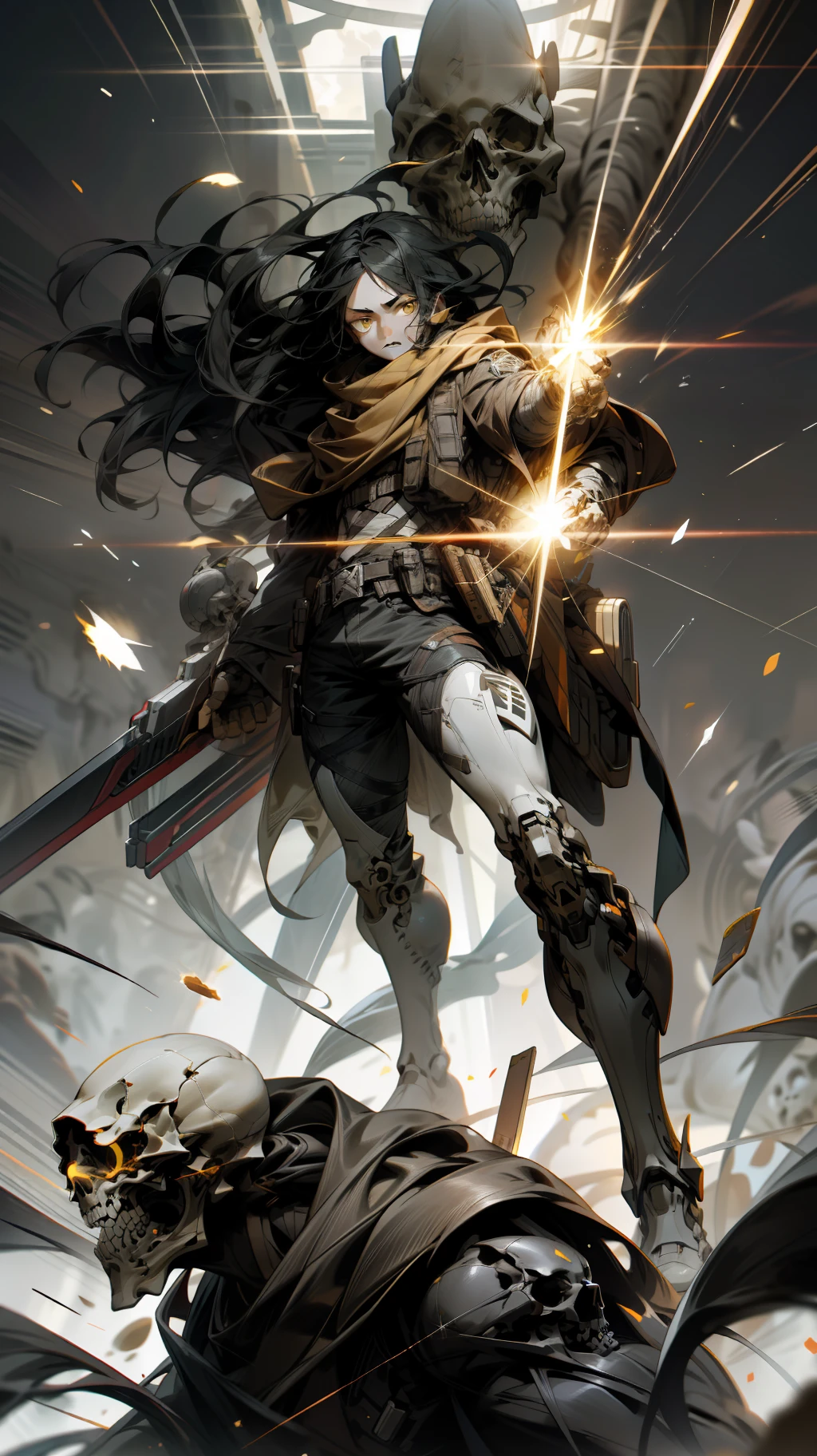 attack by attack on Titan, yellow eyes light rays, spark, long straight Black hair, skull thin, Lack of skin or flesh in some area, Full body, full figure, great strong anatomy, cinematic style, hyper real octane render