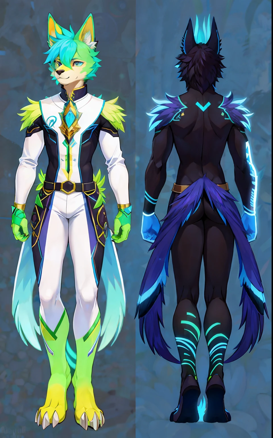 detailed full body concept, full body details, fullbody commission for, feather suit, full body detailed, male anthro Regulus, whole body highly detailed, highly detailed full body, detailed full body, neon patterns, full body concept, full body Regulus wolf dog concept, feathers on tail, two tails, concept design, electric blue and neon green fur that blends with bright yellow, black spine spikes, front and back view, male