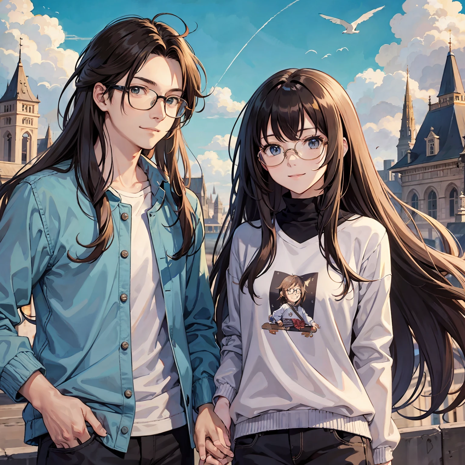 masterpiece, anime, cute, romantic, best quality, 2others, couple, mature, adult, height difference, different fashion, different color, casual clothes, long sleeves, smile, happy, love, swirling wind, blue sky, man with long hair, man with light brown hair, woman with black hair, woman with long hair, woman with glasses, castle --auto --s2