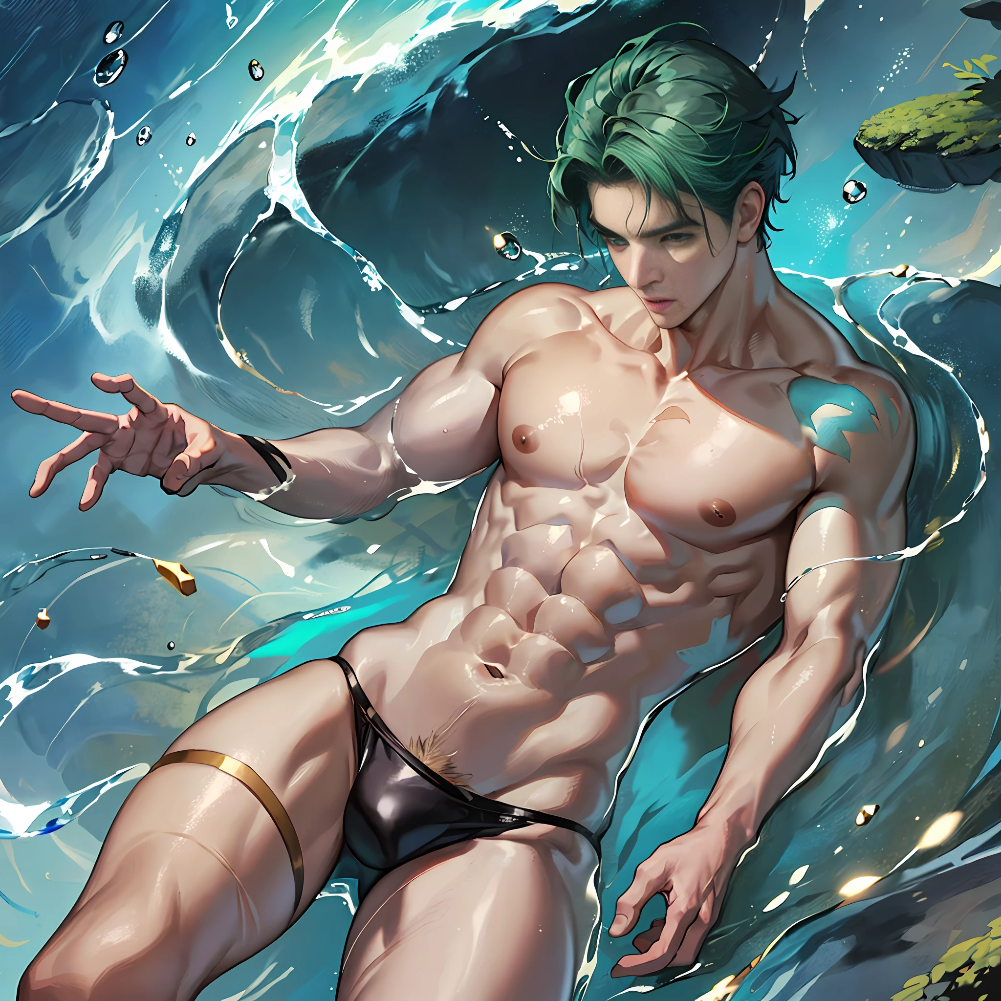 1boy, ((bara:1.5)), sport body, sexy, spread legs, detailed face, detailed hands, detailed legs, detailed fingers, detailed hair, detailed eyes, detailed skin, dynamic lighting, (detailed lighting:1.2), (detailed textures:1.3), (realistic lighting:1.2), realistic shadows, realistic skin, (photorealistic:1.4), 8k uhd, (hyper realistic), (photo realistic), (masterpiece), (best quality), body paint, small tiny black g-string, bare chest, flat chest, bare shoulders, small bulge, underwater, wide angle, swimming, athletic body, male, iridescent skin, perfect eyes, messy green hair , bio-luminescent