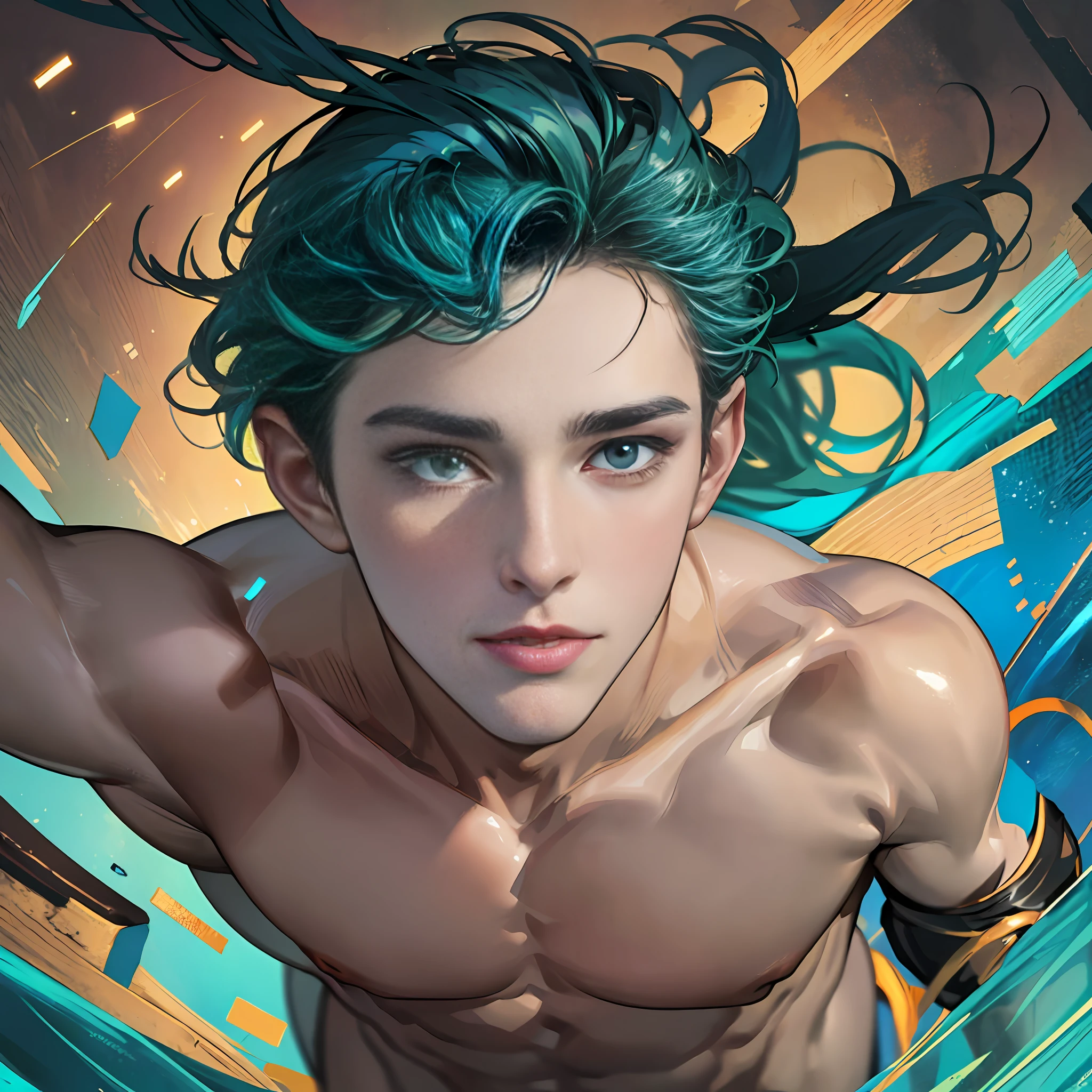 1boy, ((bara:1.5)), sport body, sexy, spread legs, detailed face, detailed hands, detailed legs, detailed fingers, detailed hair, detailed eyes, detailed skin, dynamic lighting, (detailed lighting:1.2), (detailed textures:1.3), (realistic lighting:1.2), realistic shadows, realistic skin, (photorealistic:1.4), 8k uhd, (hyper realistic), (photo realistic), (masterpiece), (best quality), body paint, small tiny black g-string, bare chest, flat chest, bare shoulders, small bulge, underwater, wide angle, swimming, athletic body, male, iridescent skin, perfect eyes, messy green hair , bio-luminescent
