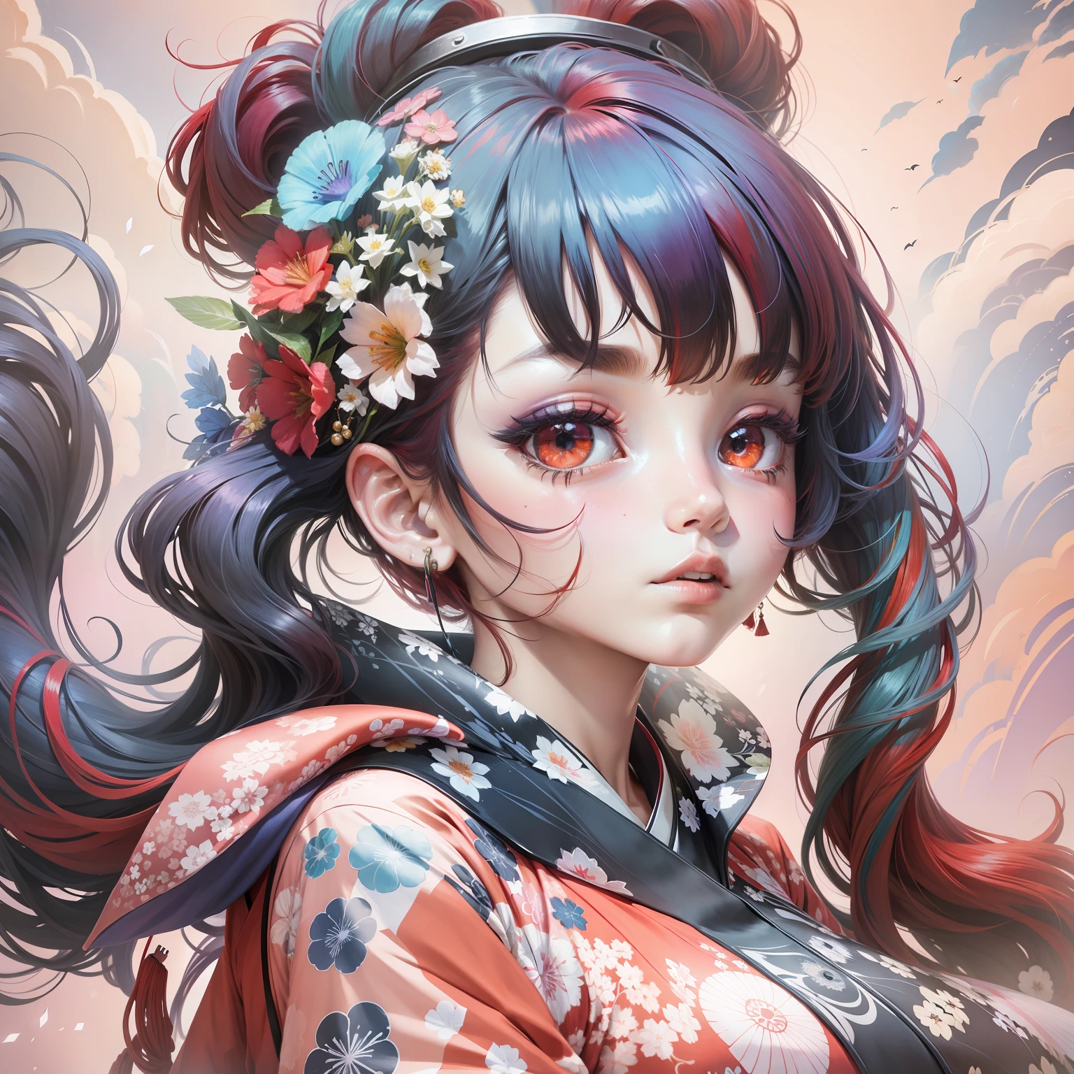 red hair eyes rainbow kimono clothing