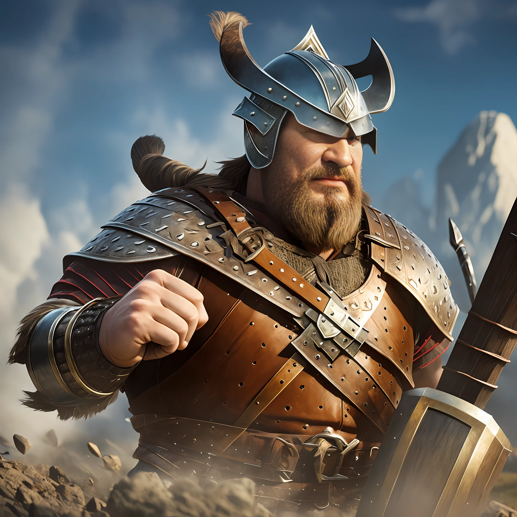 A very strong viking warrior, wearing a viking helmet,in a battlefield, holding an axe, pixar artstyle, fierce eyebrows, cinematic rim light, very thick neck, intense action, dynamic juxtaposition, young warrior, very high quality face, desert game, exploitable image, face neck shoulders, tall strong man, long windy hair, stylized dynamic folds, angry man, Pixar artstyle