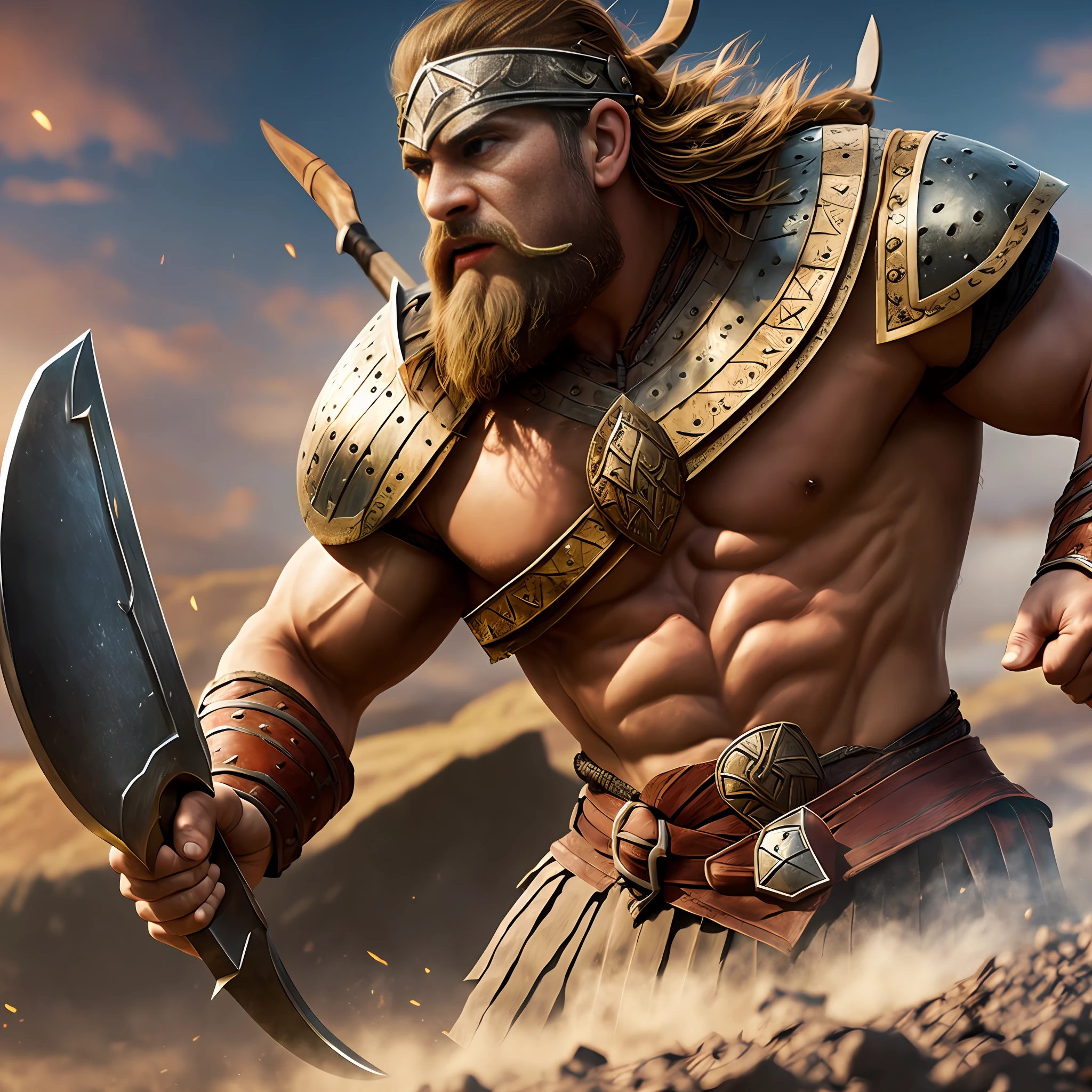 A very strong viking warrior, wearing a viking helmet,in a battlefield, holding an axe, pixar artstyle, fierce eyebrows, cinematic rim light, very thick neck, intense action, dynamic juxtaposition, young warrior, very high quality face, desert game, exploitable image, face neck shoulders, tall strong man, long windy hair, stylized dynamic folds, angry man, Pixar artstyle