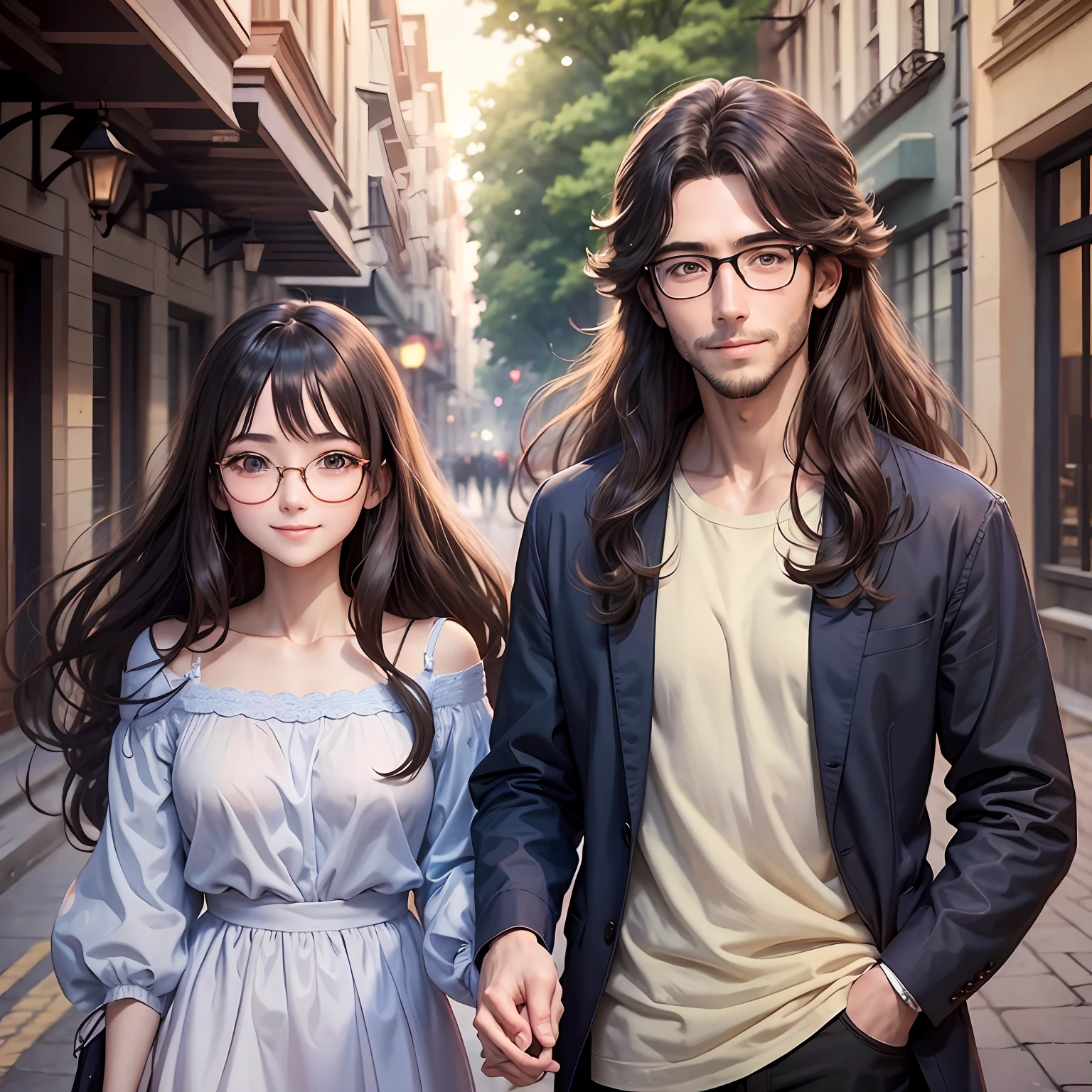 masterpiece, anime, cute, romantic, best quality, 2others, couple, mature, adult, height difference, different fashion, different color, casual clothes, long sleeves, smile, happy, love, swirling wind, blue sky, long haired man, light brown haired man, black haired woman, long haired woman, bespectacled woman, prom --auto --s2