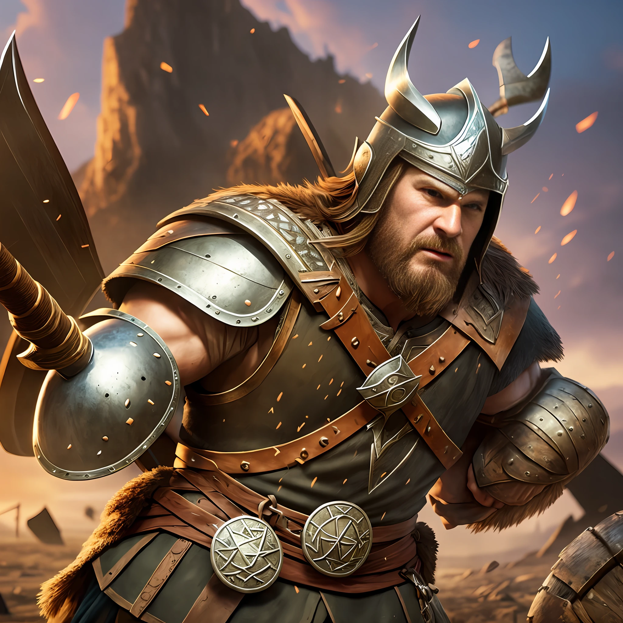 A very strong viking warrior, wearing a viking helmet,in a battlefield, holding an axe, pixar artstyle, fierce eyebrows, cinematic rim light, very thick neck, intense action, dynamic juxtaposition, young warrior, very high quality face, desert game, exploitable image, face neck shoulders, tall strong man, long windy hair, stylized dynamic folds, angry man, Pixar artstyle