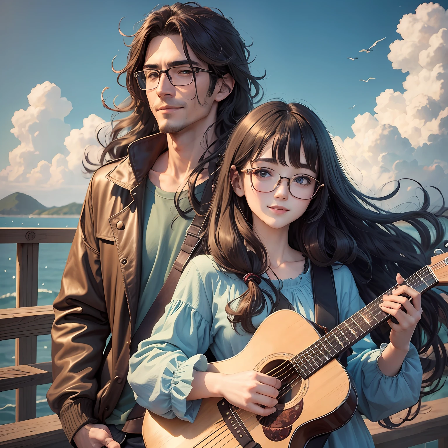 masterpiece, anime, cute, romantic, best quality, 2others, couple, mature, adult, height difference, different fashion, different color, casual clothes, long sleeves, smile, happy, love, swirling wind, blue sky, long haired man, light brown haired man, black haired woman, long haired woman, bespectacled woman, guitar --auto --s2