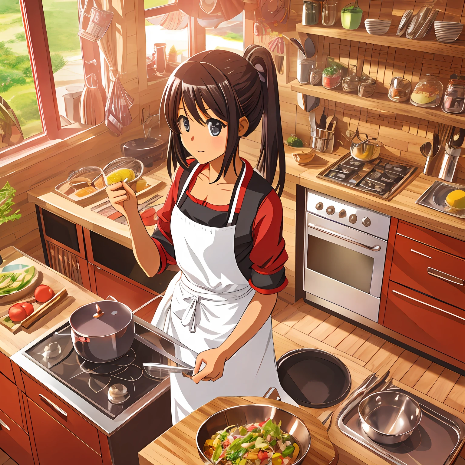 detailed anime style, anime, interior, 1girl african, center frame, plastic face, kitchen, modern, cooking utensils, pots, knives, busy restaurant kitchen, Style-Kitchen