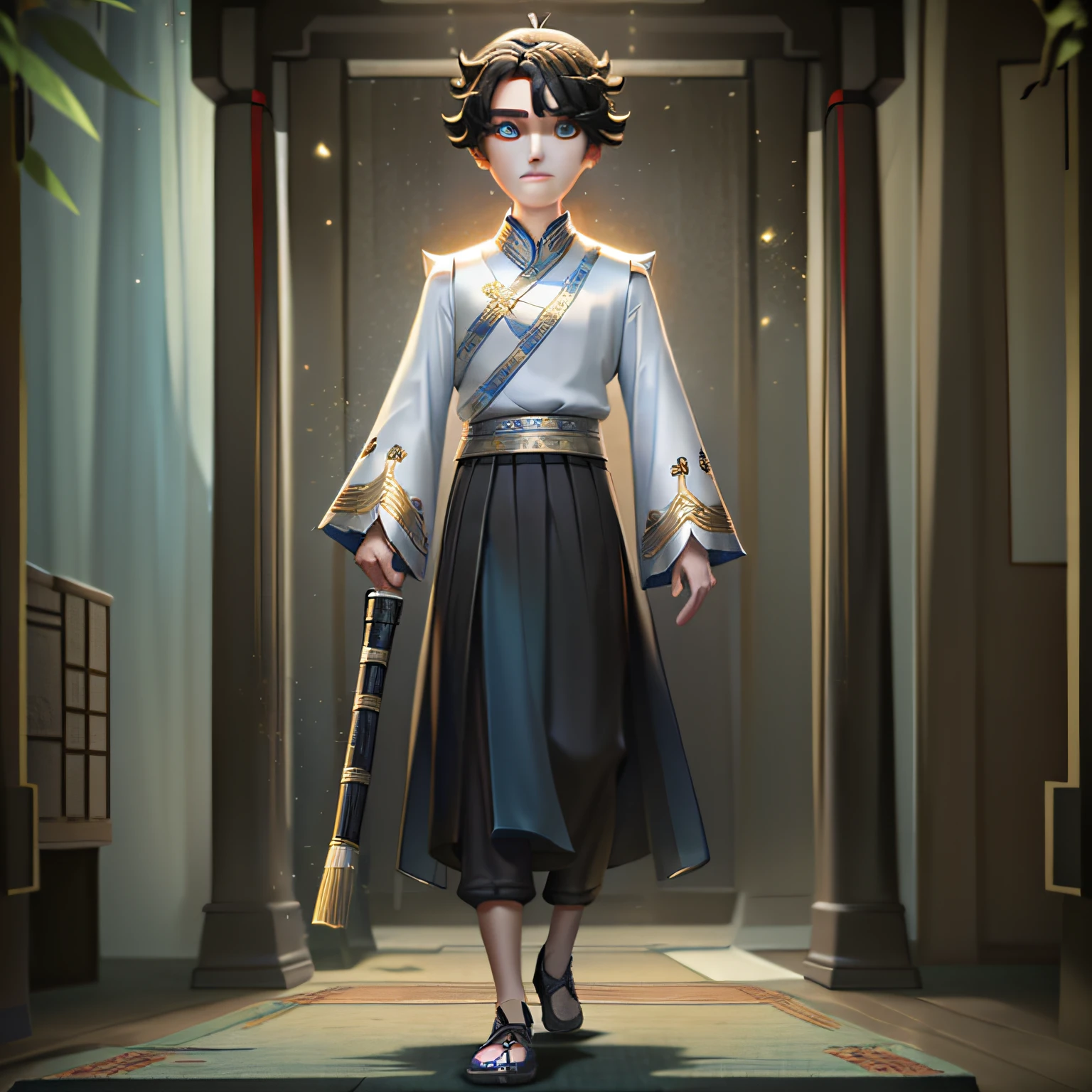 Masterpiece, high quality, young boy, black long skirt, light blue top, holding shakuhachi, chinese, facing forward, looking at camera, full body, center of screen