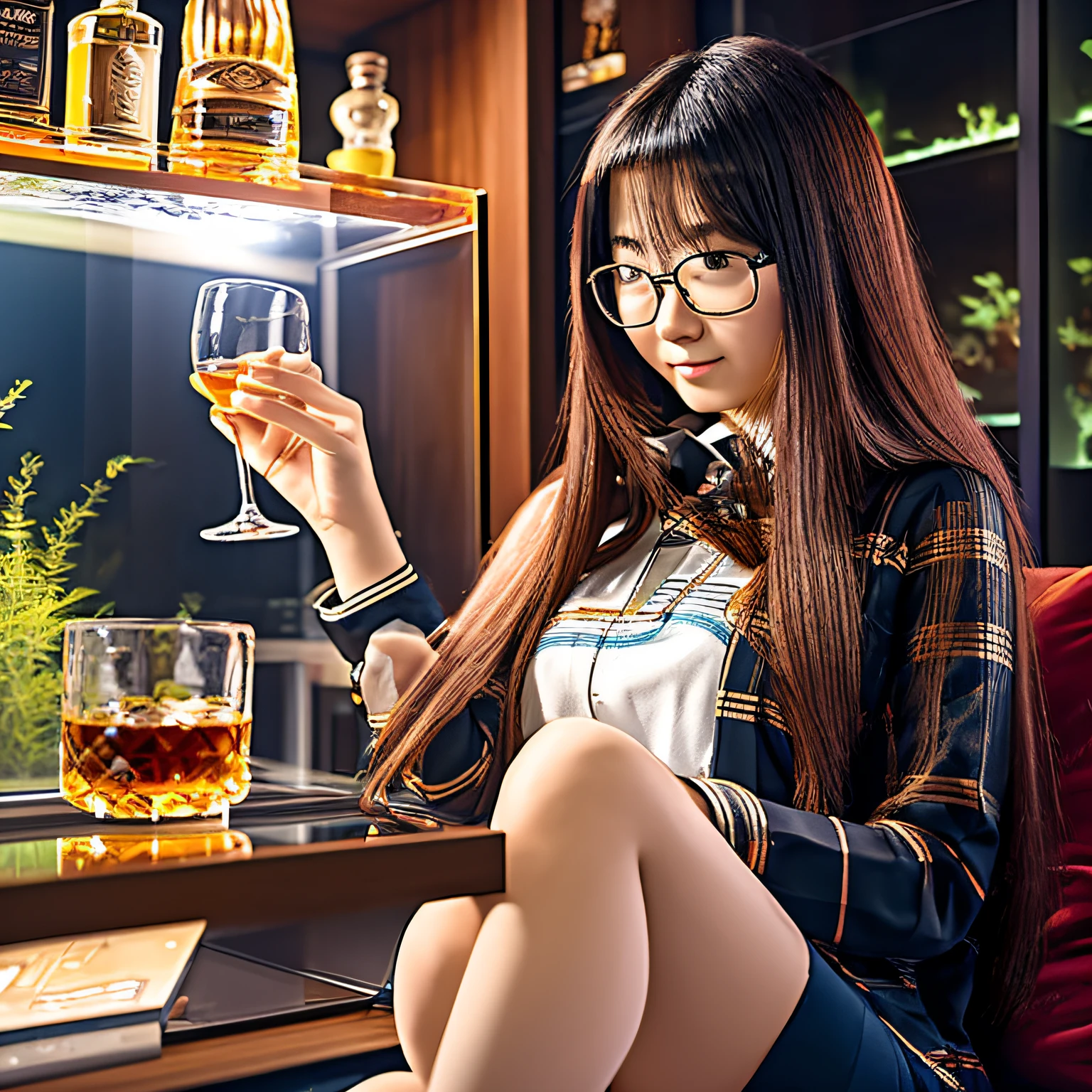 4K, Super Definition, Japan Female, Age 20, Long Hair, Sitting on the Sofa, Whiskey Lover, Alcohol Lover, 2 meters aquarium in the room, Nature Aquarium inside, Scotch Whiskey on the whiskey shelf, Glass with a highball in the corner of the aquarium