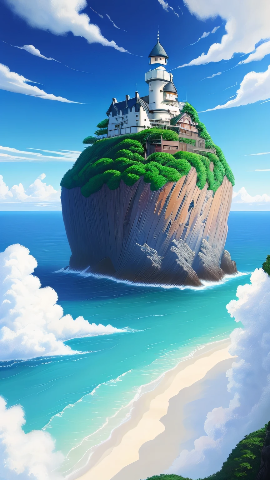 Realistic, real, beautiful and amazing landscape oil painting Ghibli Studio Hayao Miyazaki sea with blue sky and white clouds --v6