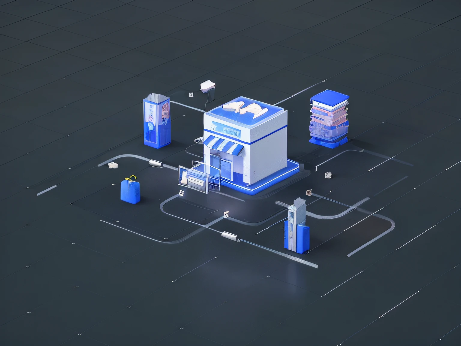 there is a blue and white gas station with a lot of blue containers, 3d marketplace, high detailed store, depicted as a 3 d render, stylized 3d render, 3 d render stylized, in style of 3d render, prerendered isometric graphics, hyper detailed 3d render, hyper detailed 3 d render, stylized as a 3d render