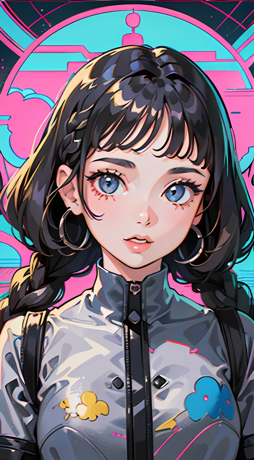 (best quality, masterpiece), (1girl), floating, fun, in a mix of retro-futuristic and vintage aesthetics, (black hair, read hair streaks), (muted colors-grey and brown), (pretty silver eyes), happy, melancholic