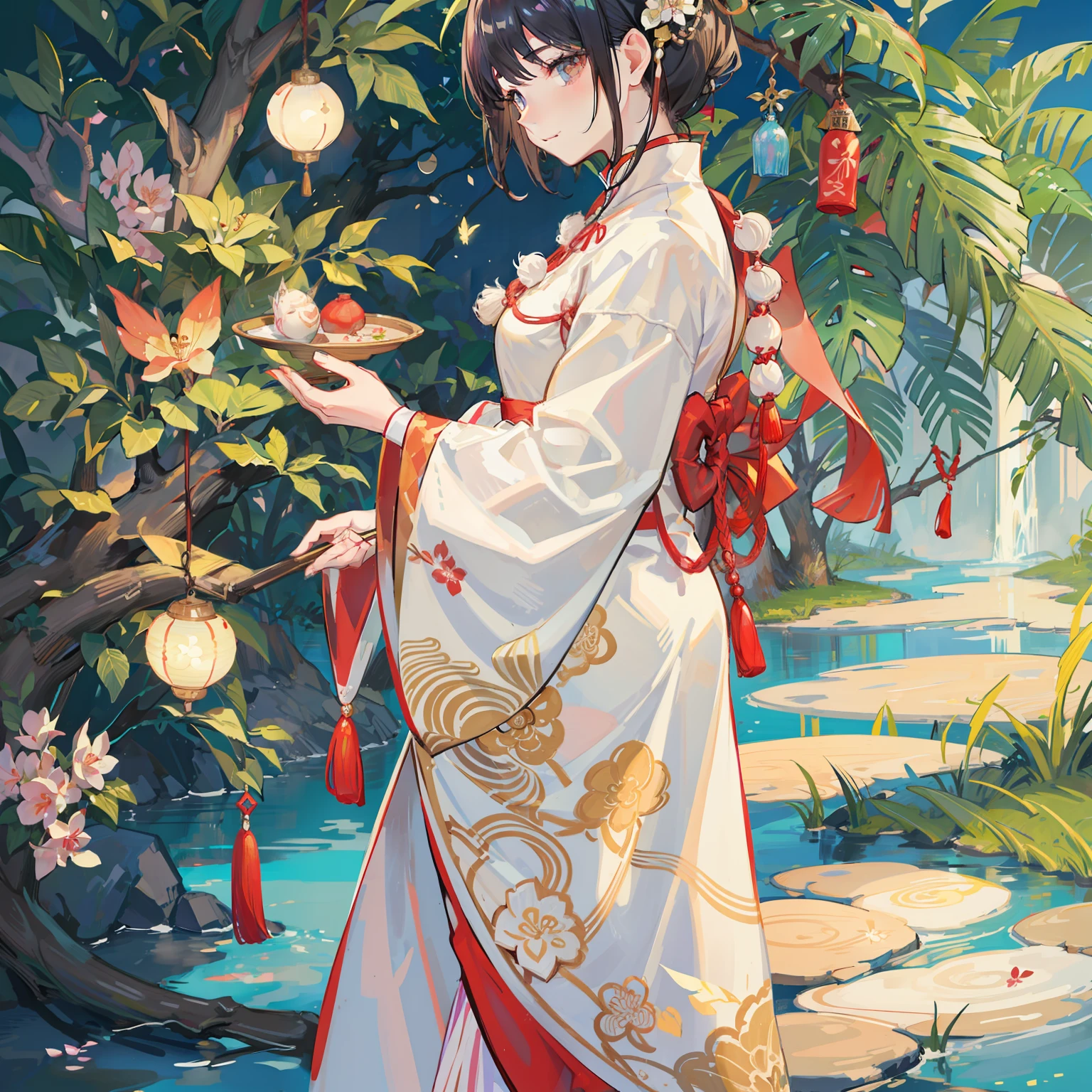 Close-up of dress on mannequin with plant background, white hanfu, cheongsam, traditional Chinese clothing, Japanese clothing, (Chinese style filter) rich details of traditional Chinese clothing, fantasy dress, flowing dress, (moon theme filter) moon theme costume with tassel details, (magic style filter) streamlined magic robe, white and teal clothes, (moth style filter) moth-like dress, flowing cherry blossom silk, magical dress