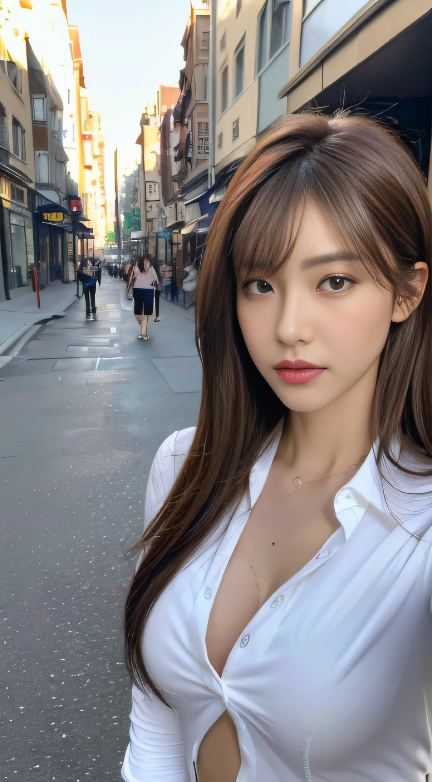 ((Best quality, 8k, Masterpiece :1.3)), Sharp focus :1.2, A pretty woman with perfect figure :1.4, Slender abs :1.2, ((Dark brown hair, Big breasts :1.2)), (White button up long shirt :1.1), City street:1.2, Highly detailed face and skin texture, Detailed eyes, Double eyelid