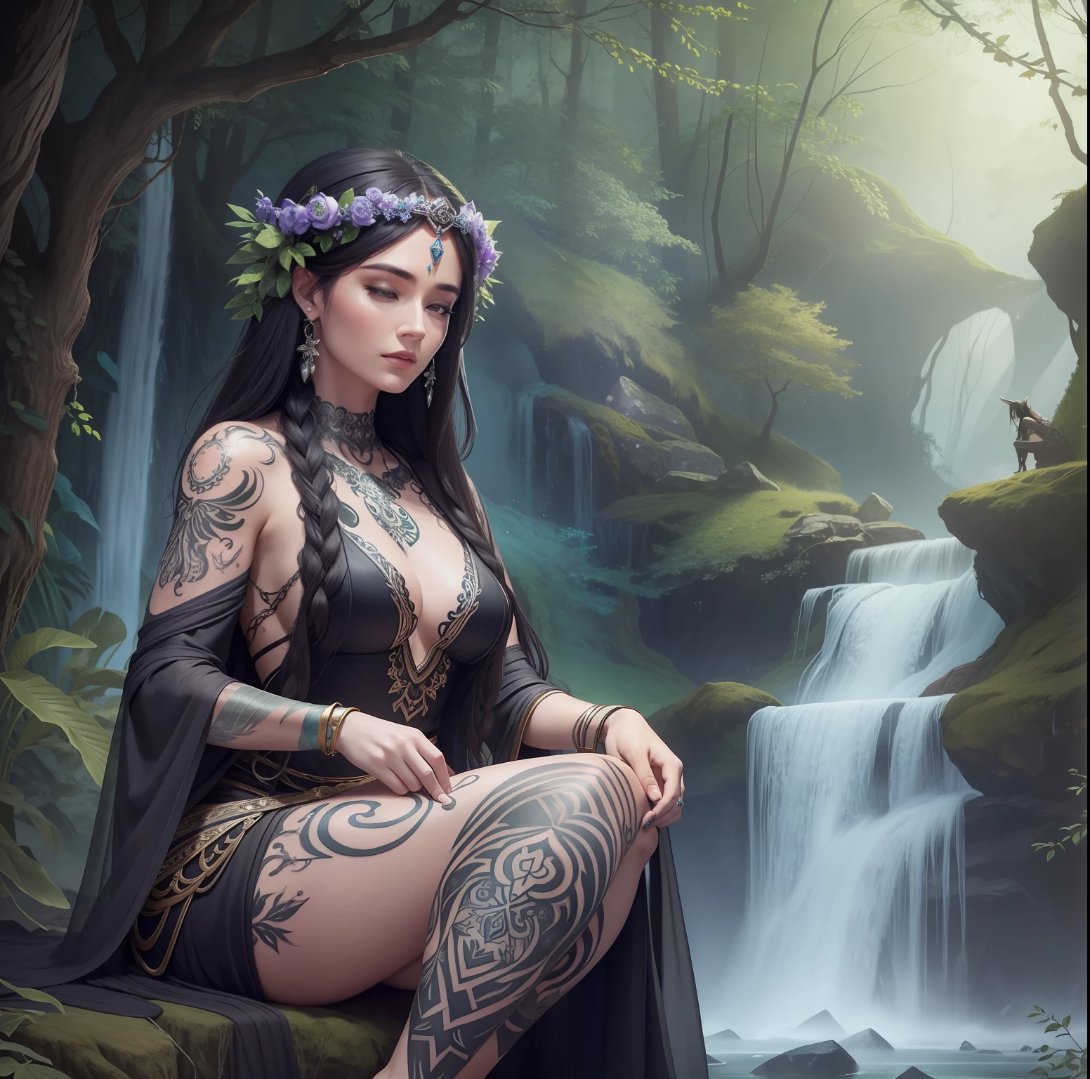 Druid woman, all tattooed, sitting meditating with animals, rich in detail, 4k, realistic style, with black hair, in an ice flower dress,detailed face, detailed skin, front, forest background